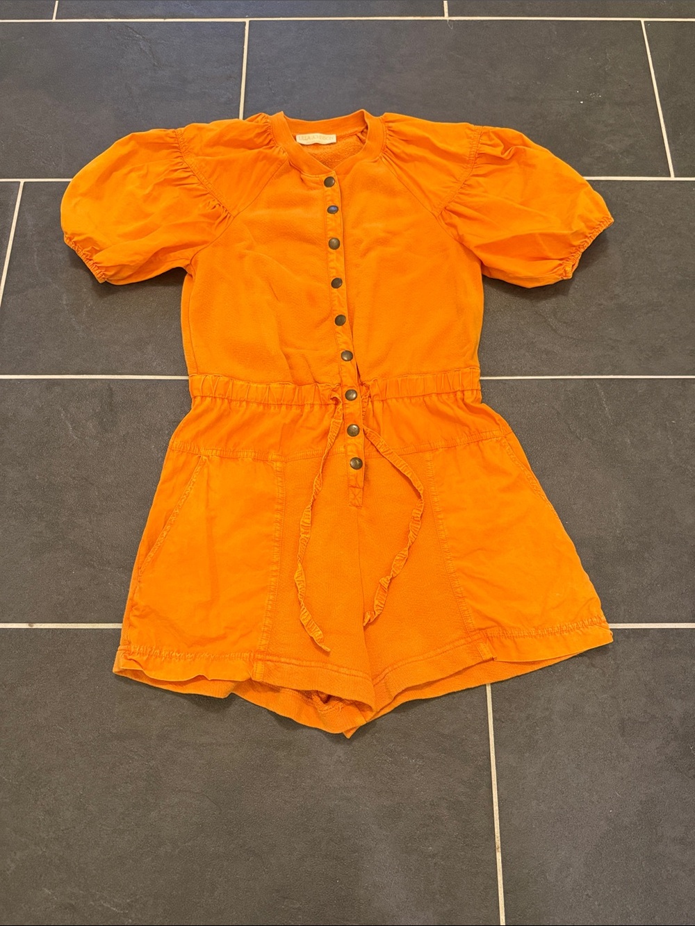 Ulla Johnson Button-Front Short Sleeve Orange Romper with Self-Tie Waist